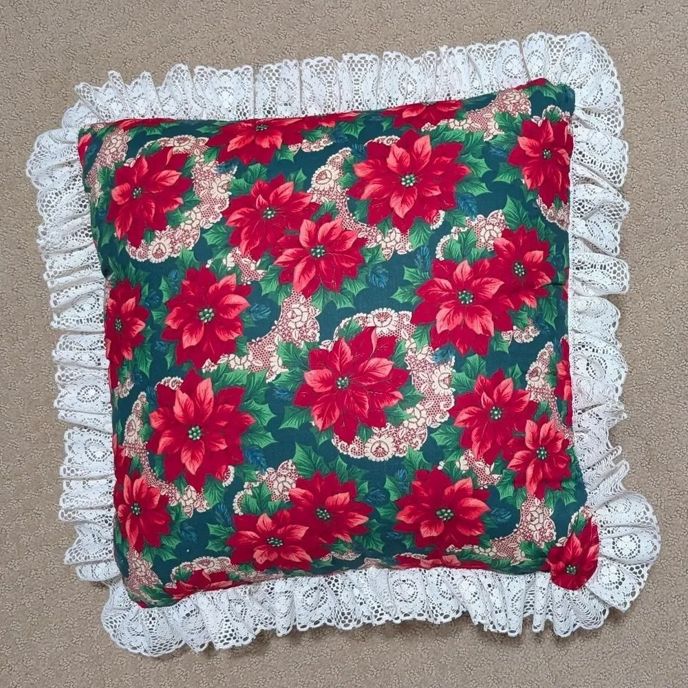 Handmade Poinsettia ruffle pillow 17X17 Christmas Holiday decorative accent